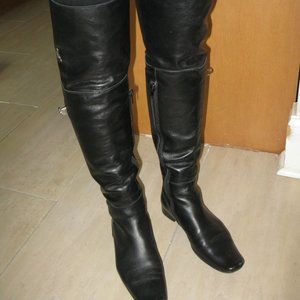 Women Black Leather Side Zipper Block Heel Over The Knee Boots Sz 5.5 UK 3